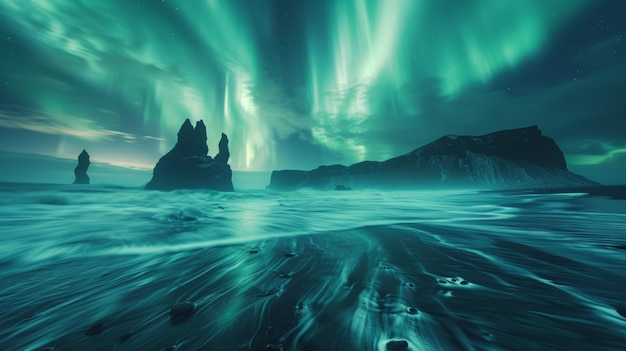 Free Photo aurora borealis landscape over the sea