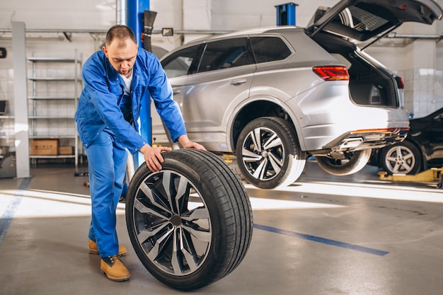 Auto mechanic checking car