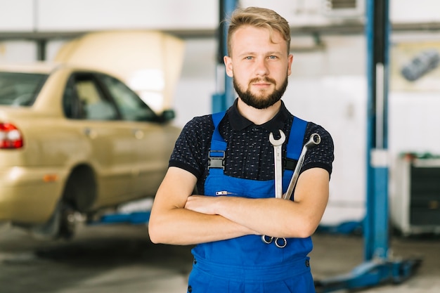 Auto mechanic crossing hands with spanners 