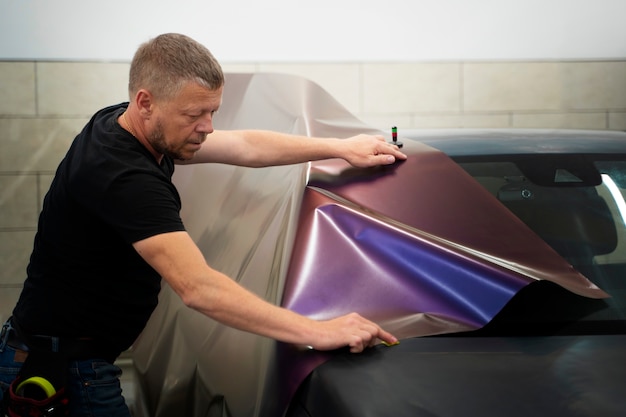 Free Photo auto service salon doign car wrapping