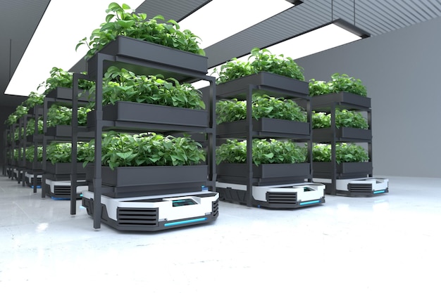 Automatic transport robot transporting plants Smart robotic farmers concept