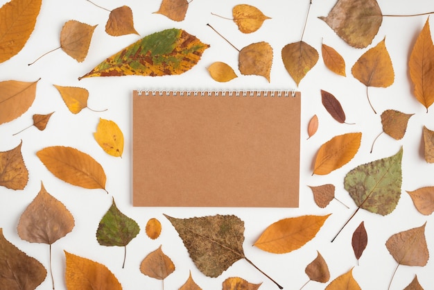 Free photo autumn arrangement with withered leaves and notebook