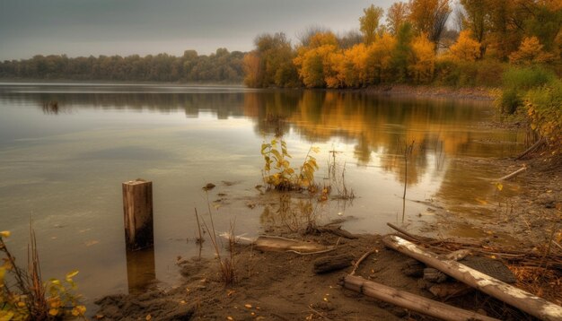 Autumn beauty reflected in tranquil waters below generated by AI