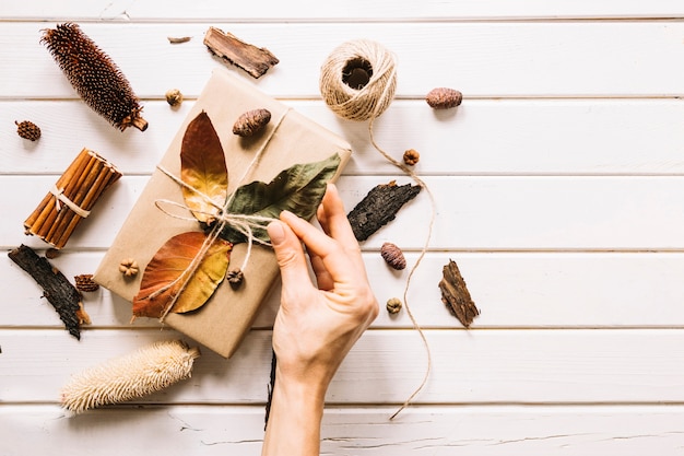 Free photo autumn composition with hand holding rope from gift