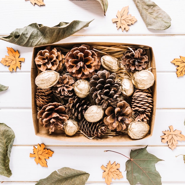 Free photo autumn composition with pine cones in box