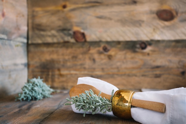 Autumn decoration with herbs in wooden environment