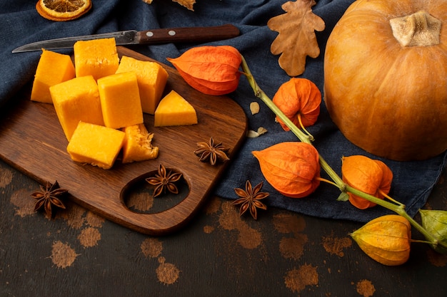 Autumn food slices of pumpkin high view