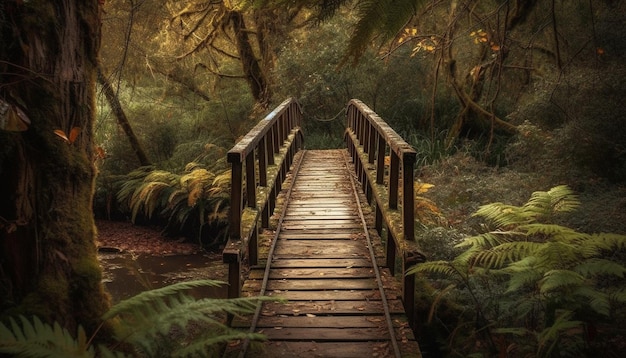 Free photo autumn footpath winds through tranquil forest landscape generated by ai