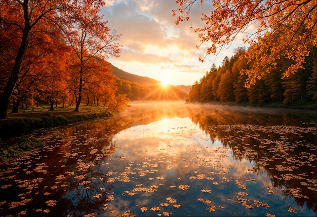 Autumn forest lake landscape