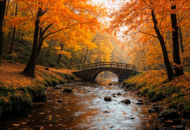 Free photo autumn forest lake with bridge landscape