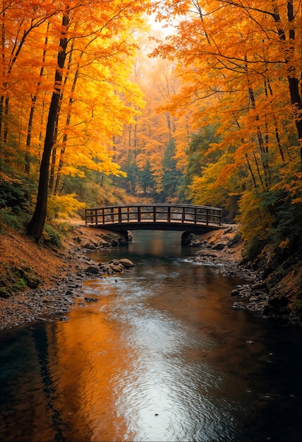 Free photo autumn forest lake with bridge landscape