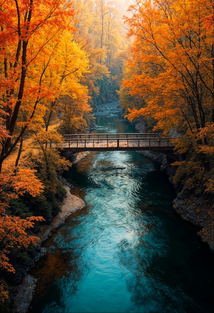 Autumn forest lake with bridge landscape