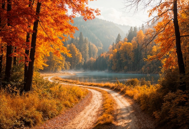 Autumn forest road near lake landscape