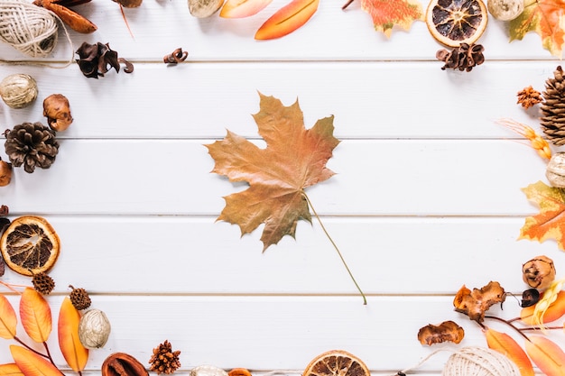 Autumn frame composition with maple leaf in middle