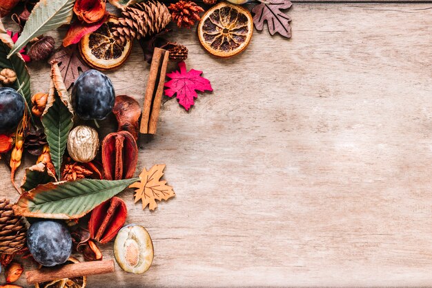 Autumn harvest on wooden background