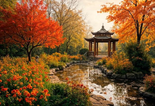 Autumn landscape of pond with gazebo