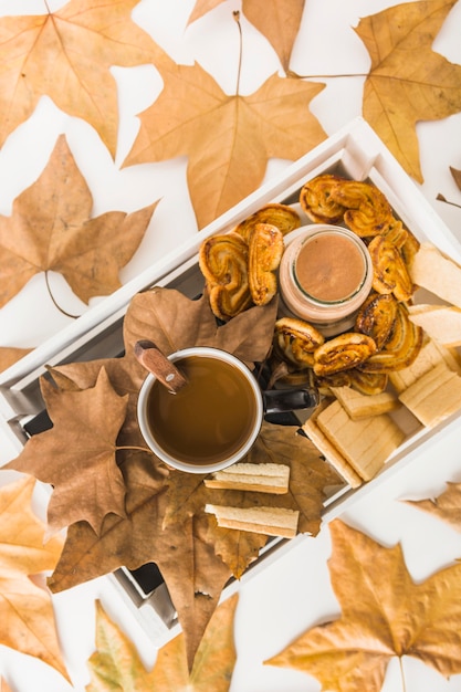 Autumn leaves around fresh breakfast food