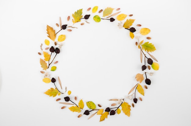 Free Photo autumn leaves flat lay with copy space