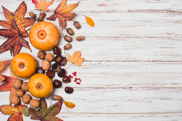 Autumn leaves and vegetables with copy space