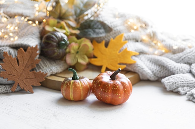 Free Photo autumn still life with pumpkins leaves and knitted element