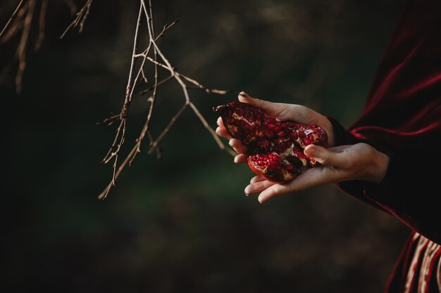 Autumn vibes.  Gothic style. Brunette woman in dark red cloth