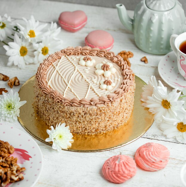 Azerbaijani traditional absheron cake decorated with cream flowers