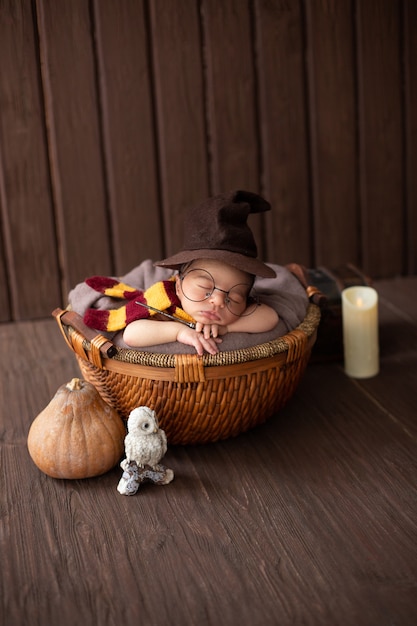 Baby boy laying inside little basket with funny wizard costume