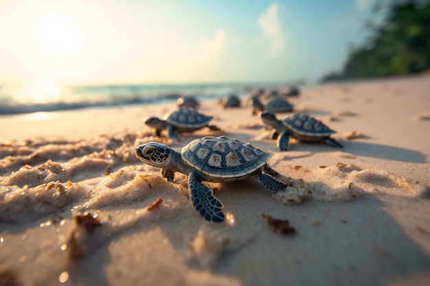 Baby turtles hatching on the seaside