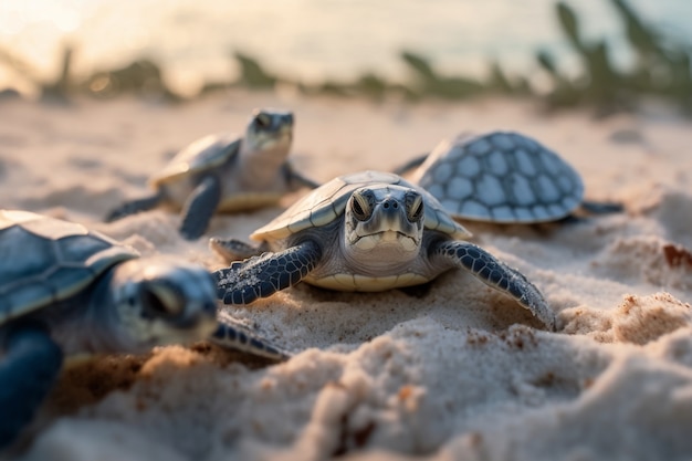 Free photo baby turtles hatching on the seaside