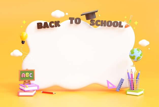 Back to school stationery education element empty banner cartoon on yellow background 3d illustration