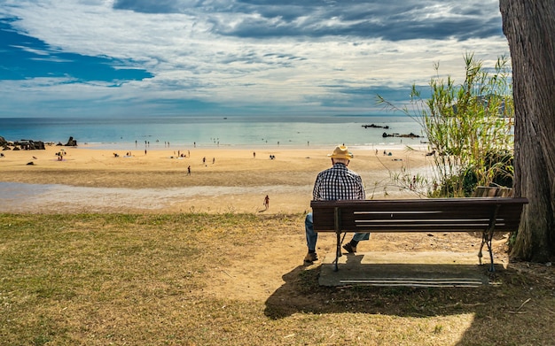 Free Photo back of a senior male sitting on a bench on the coast of the sea