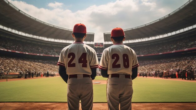 Back view baseball players on field