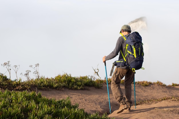 Back view of elderly man hiking on summer day. Sportsman with backpack going uphill. Leisure, sport concept