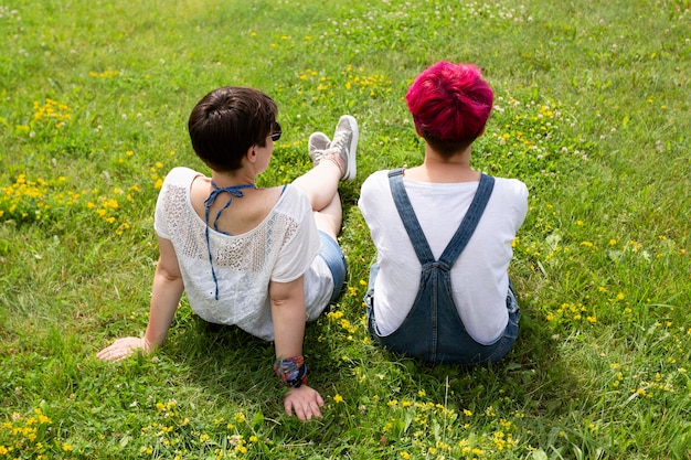 Back view friends sitting on grass