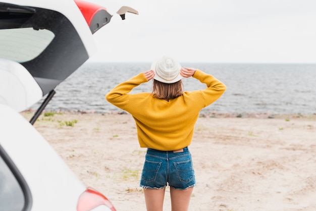 Back view of lovely woman facing the sea