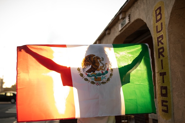 Free photo back view man holding mexican flag