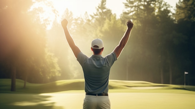 Back view man playing golf in nature