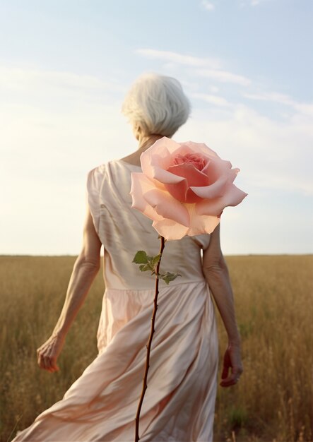 Back view senior woman posing with rose