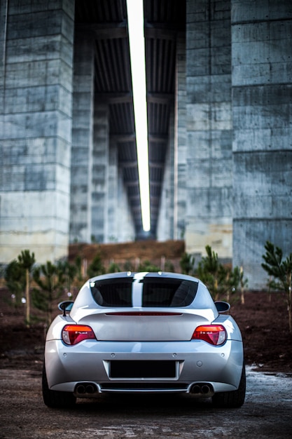 Free photo back view of a silver sport sedan with red lights.