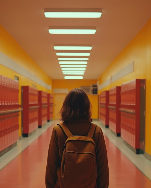 Back view of student on school hallway