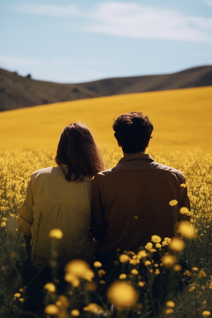 Free photo back view view couple sitting in nature