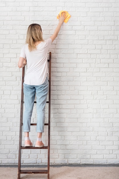 Free Photo back view of woman cleaning brick wall on a ladder