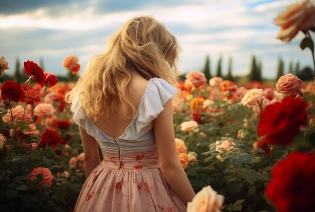 Back view woman in flower field