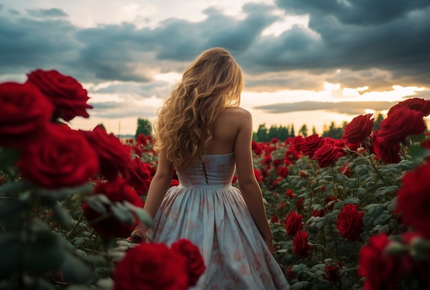 Free photo back view woman in flower field