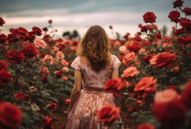 Free photo back view woman in flower field