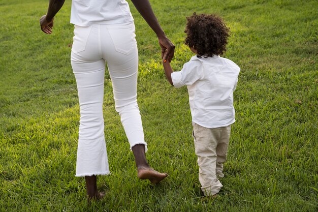 Back view woman and kid holding hands