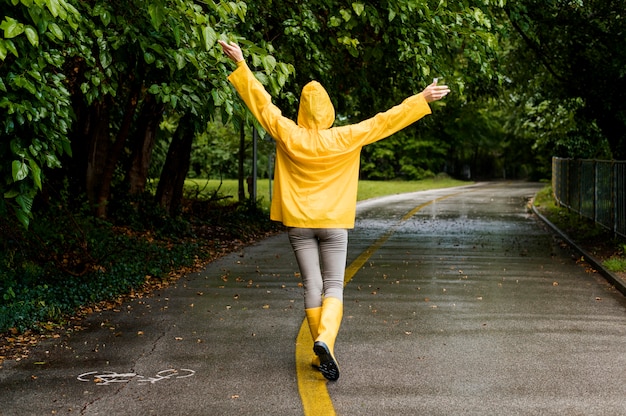 Back view woman in rain coat