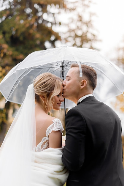 Back view of young groom kisses a blonde bride under an umbrella in the park