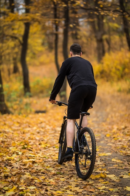 Free photo back view of young handsome man riding a bicycle on forest road among trees in sunset. sports and healthy lifestyle. trip to rainforest