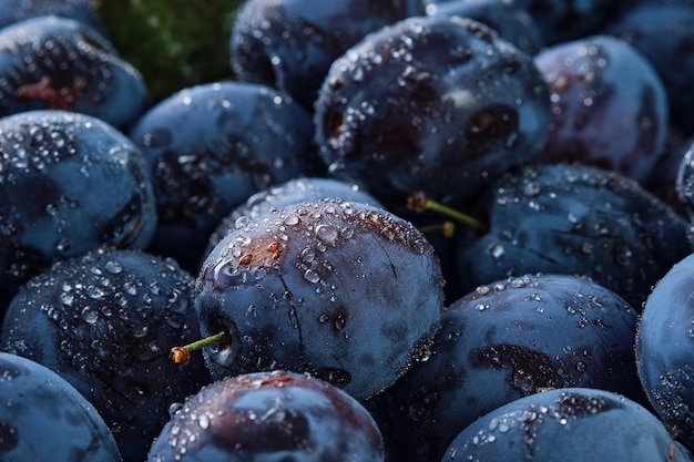 Free photo background of fresh organic plums in water drops closeup selective focus shallow depth of field beautiful ripe fruit prunes fruit harvesting in autumn ecoproducts from the farm